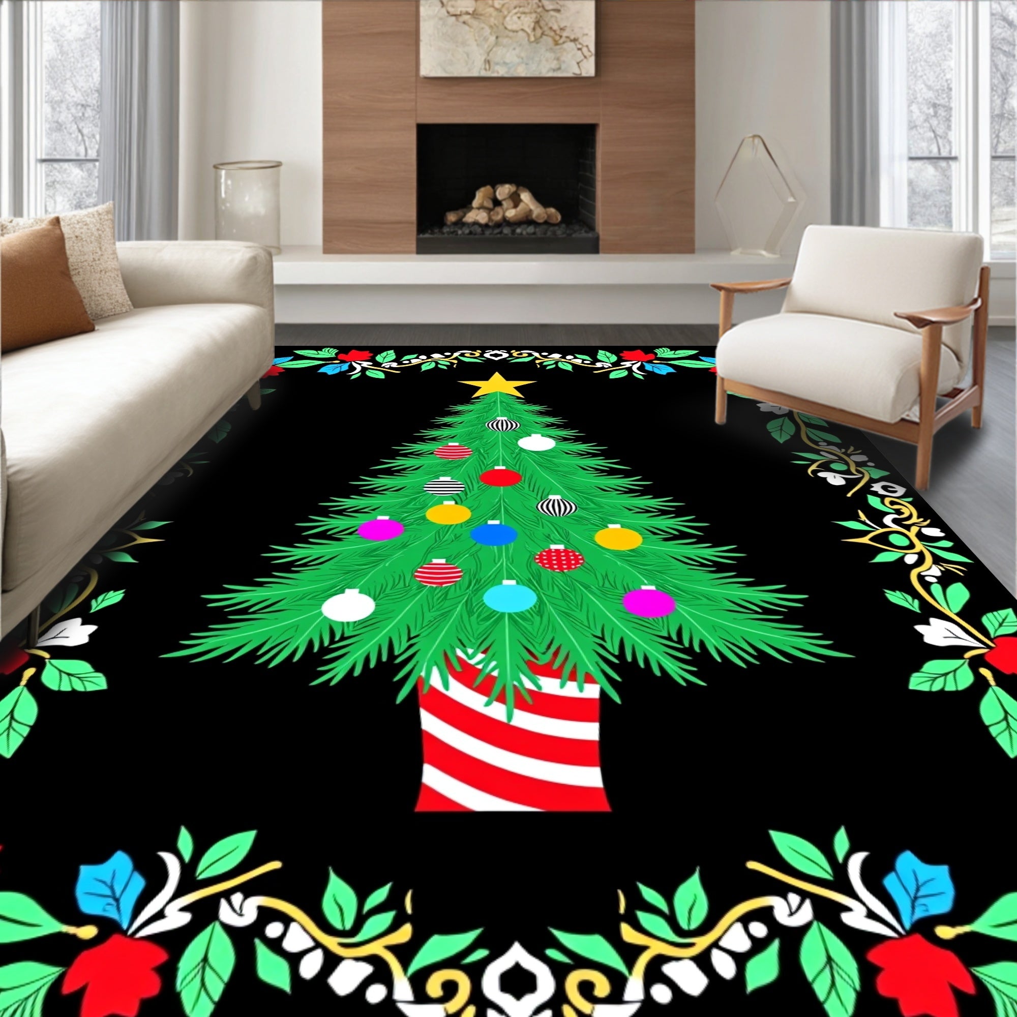 Festive Green Christmas Tree Ornate Border Rug