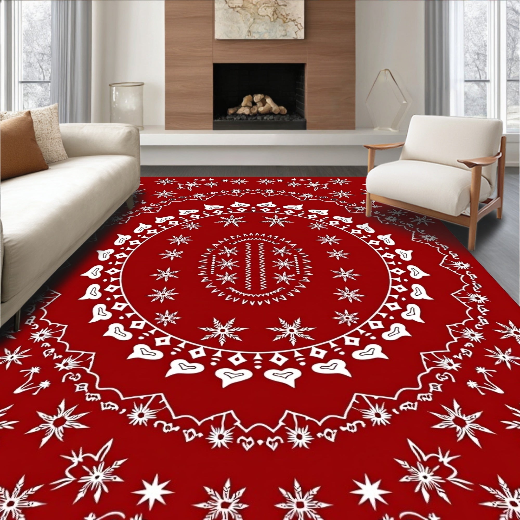 Deep Red Starburst Mandala Rug