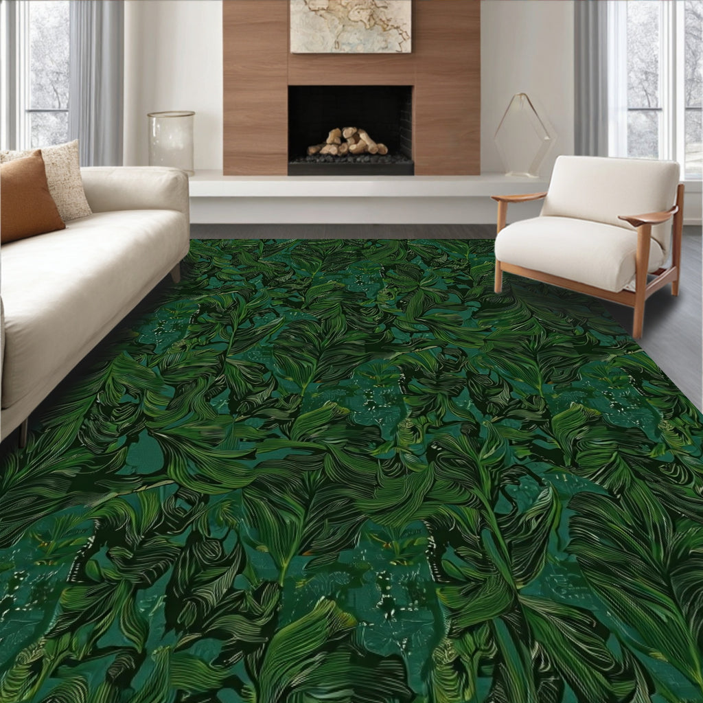 Emerald Green Lush Tropical Leaves Rug