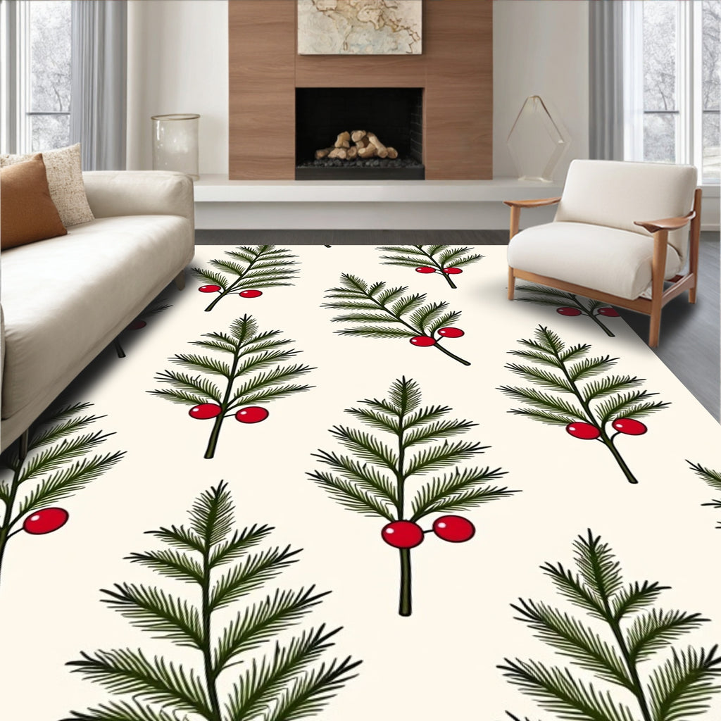 Festive Green Pine Holly Berry Sprigs Rug