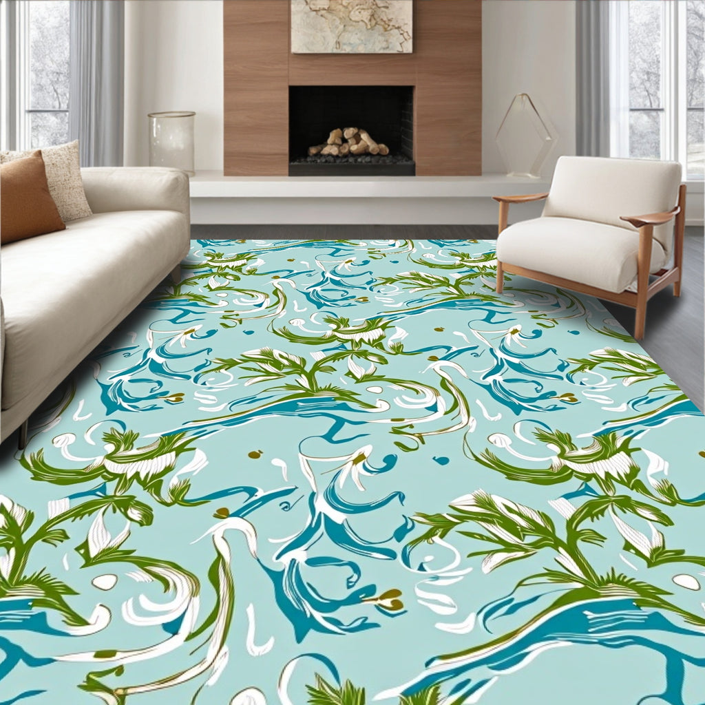 Sky Blue Organic Swirl Floral Rug