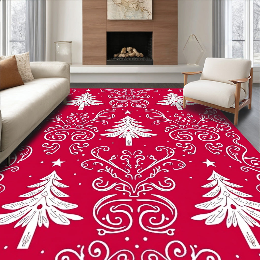 Festive Red White Evergreen Swirl Rug