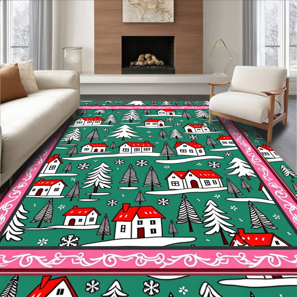 Green Snowy Village Home Christmas Border Rug