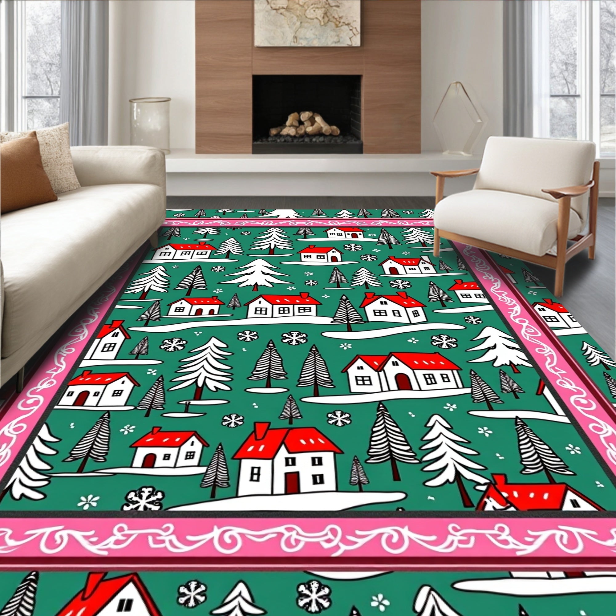 Green Snowy Village Home Christmas Border Rug