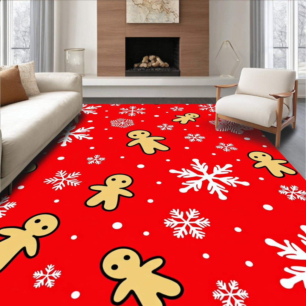 Festive Red Gingerbread Snowflakes Rug