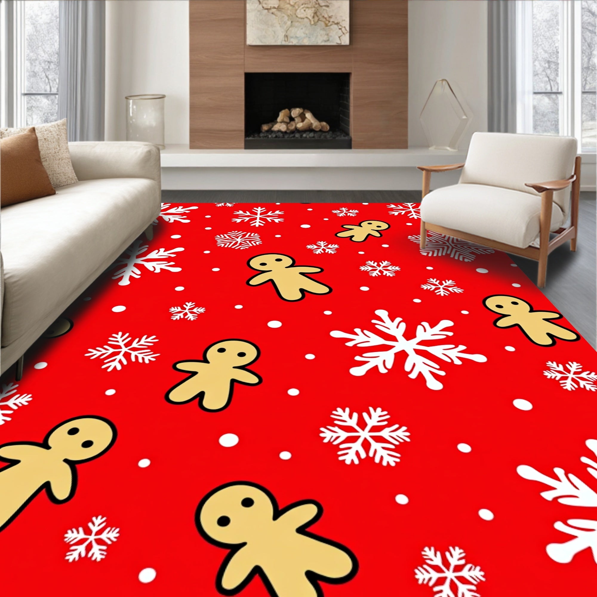 Festive Red Gingerbread Snowflakes Rug