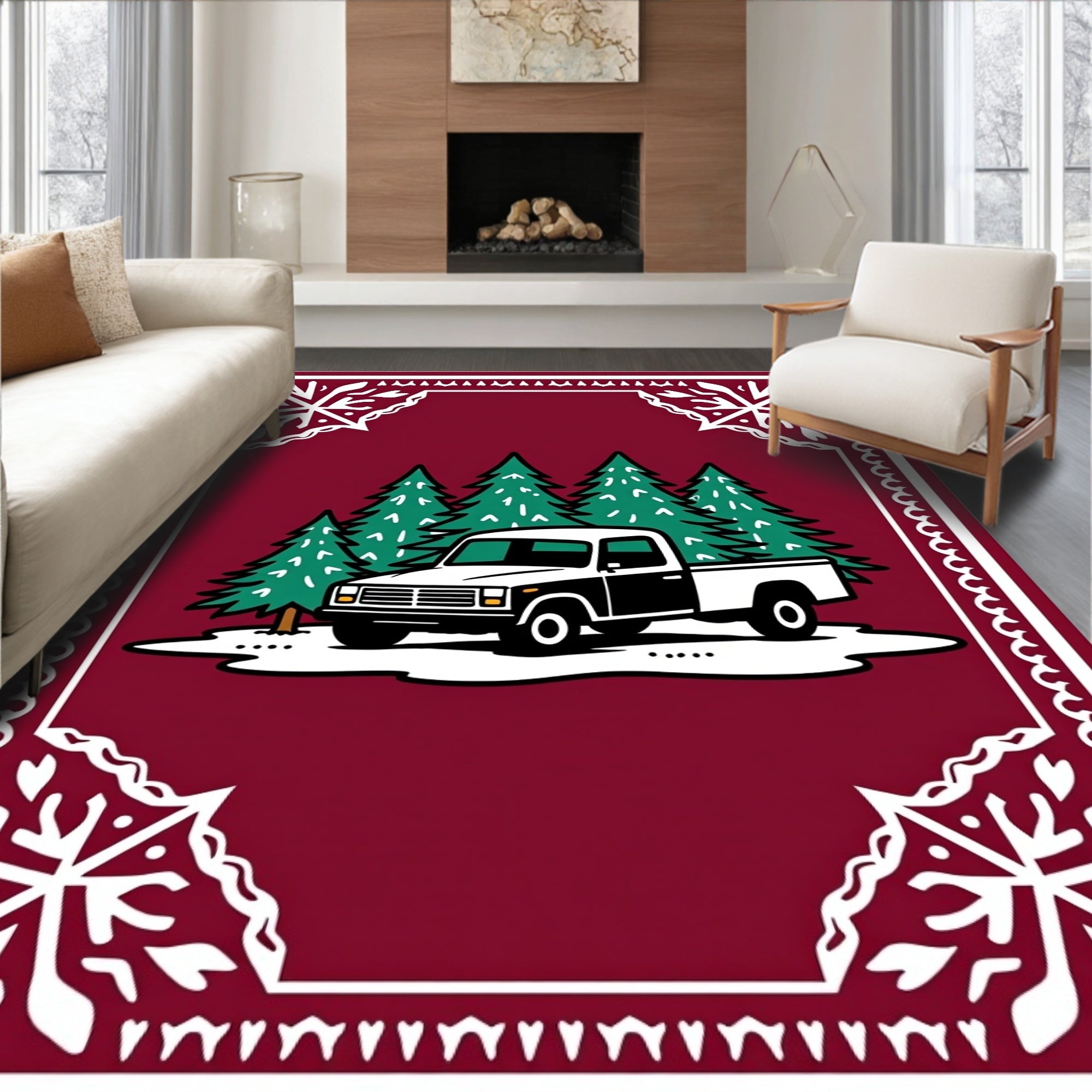 Vintage Burgundy Truck Evergreen Forest Rug
