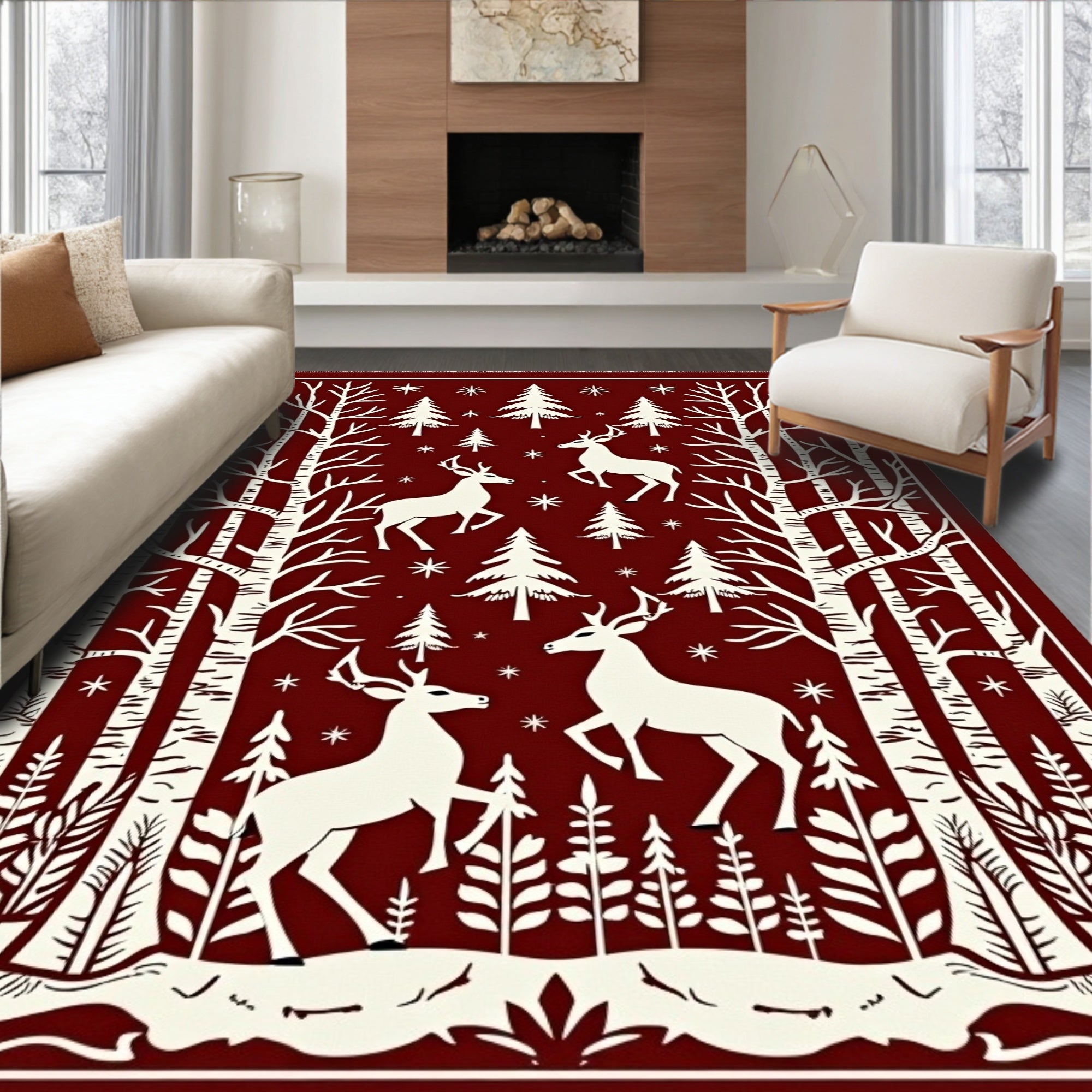 Red Forest Deer Winter Scene Rug