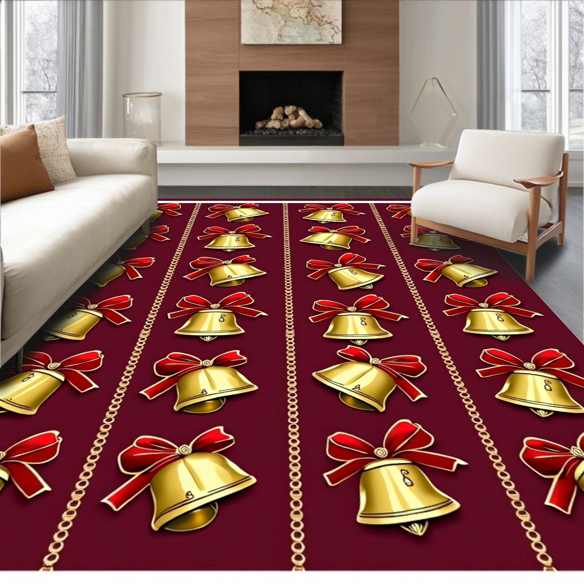 Golden Bells Red Ribbon Damask Rug