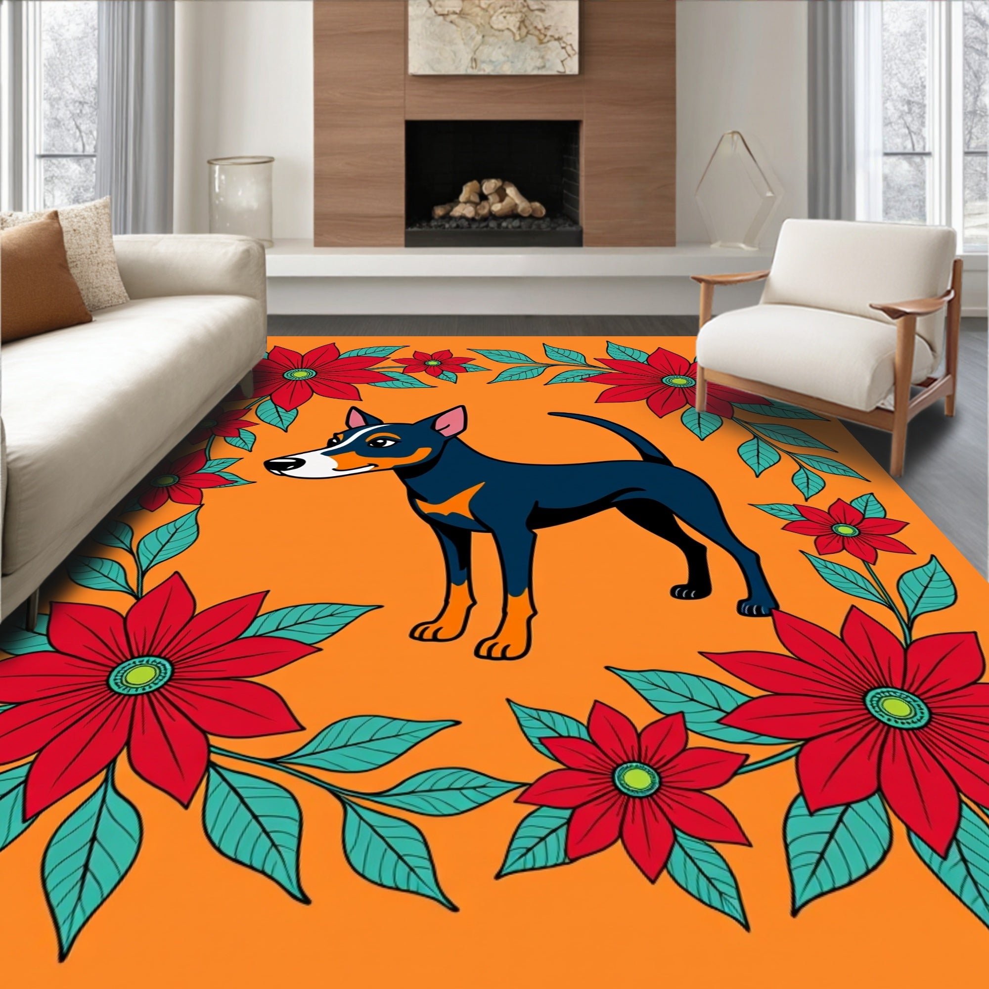 Orange Floral Dog Border Rug