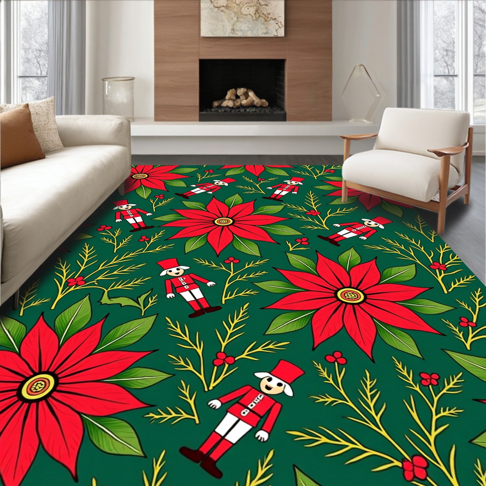 Red Poinsettia Nutcracker Emerald Field Rug