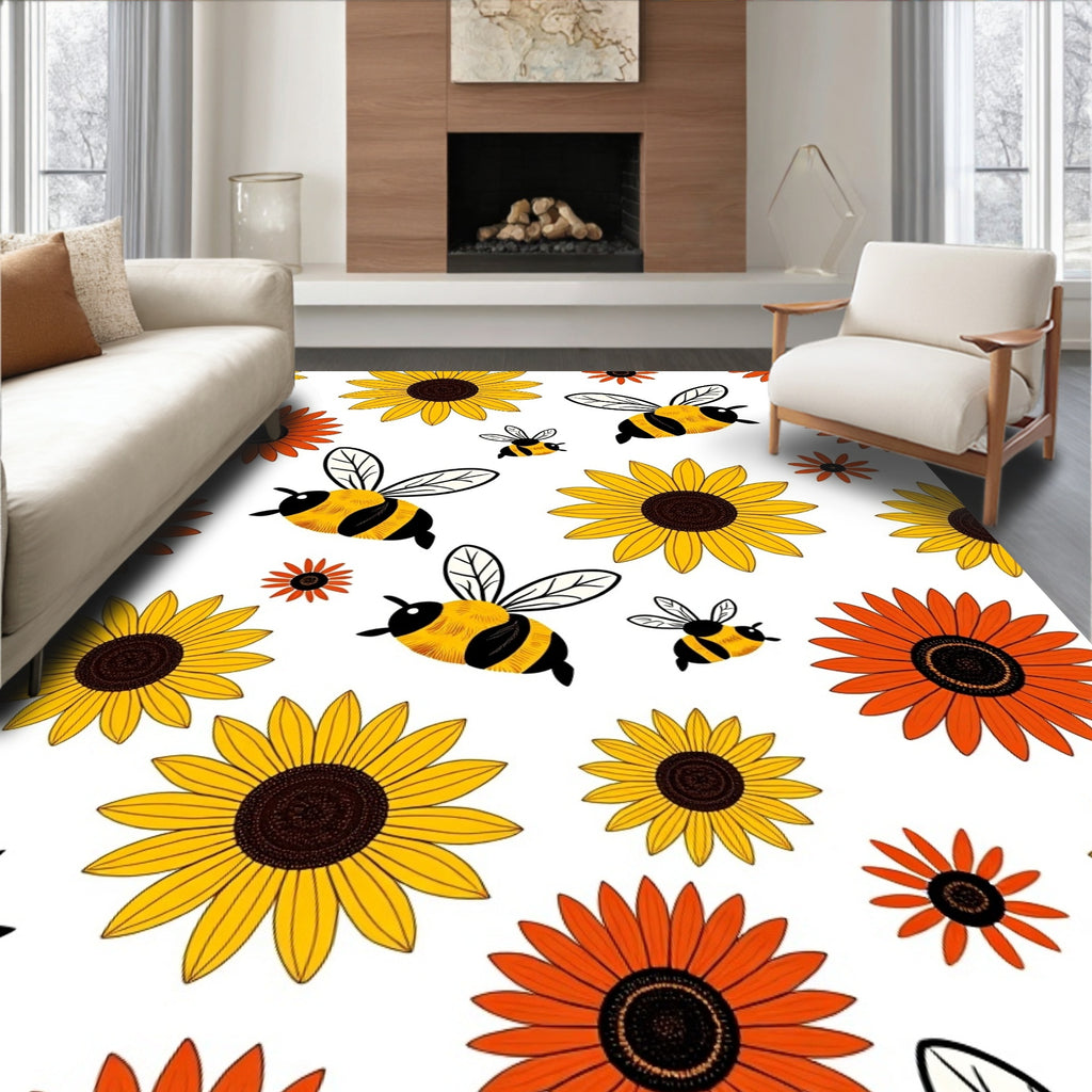 Sunshine Yellow Orange Bee Flower Rug