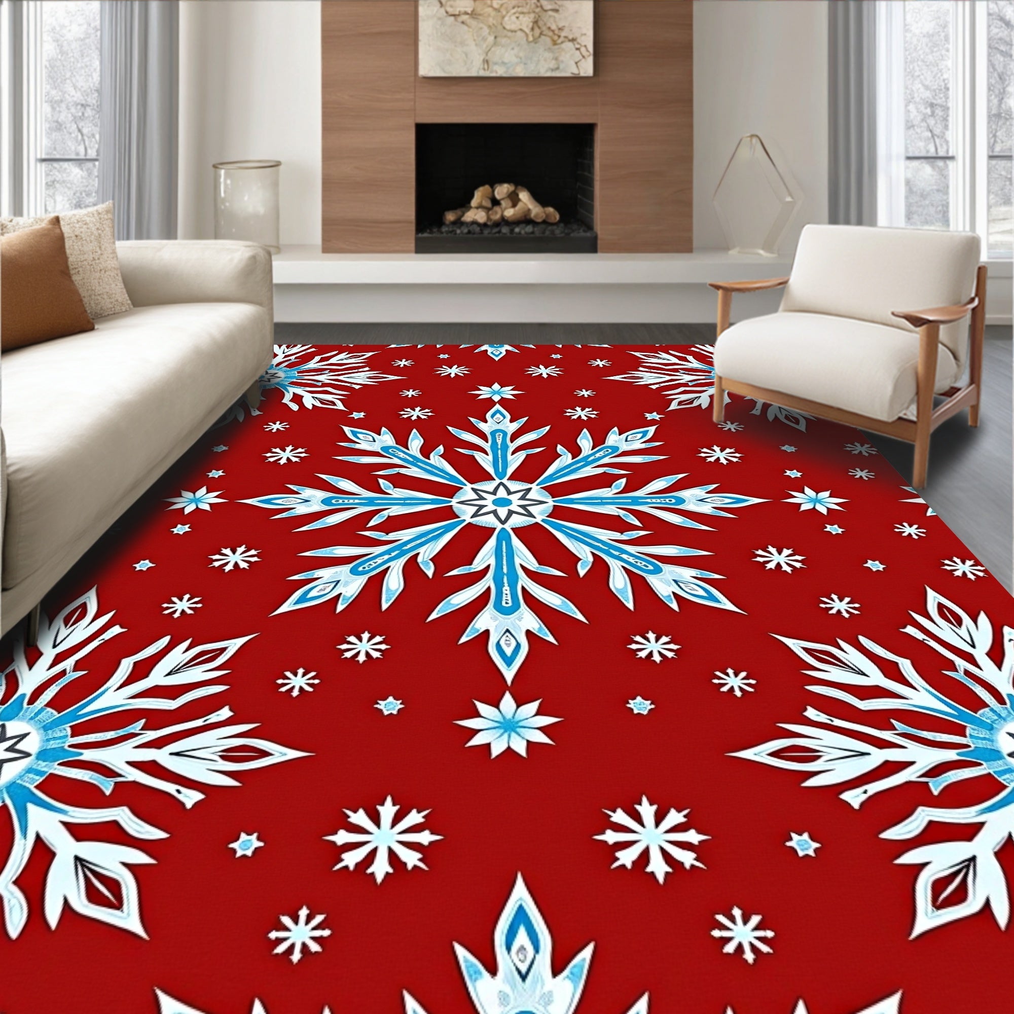 Crimson Red Snowflake Stars Rug