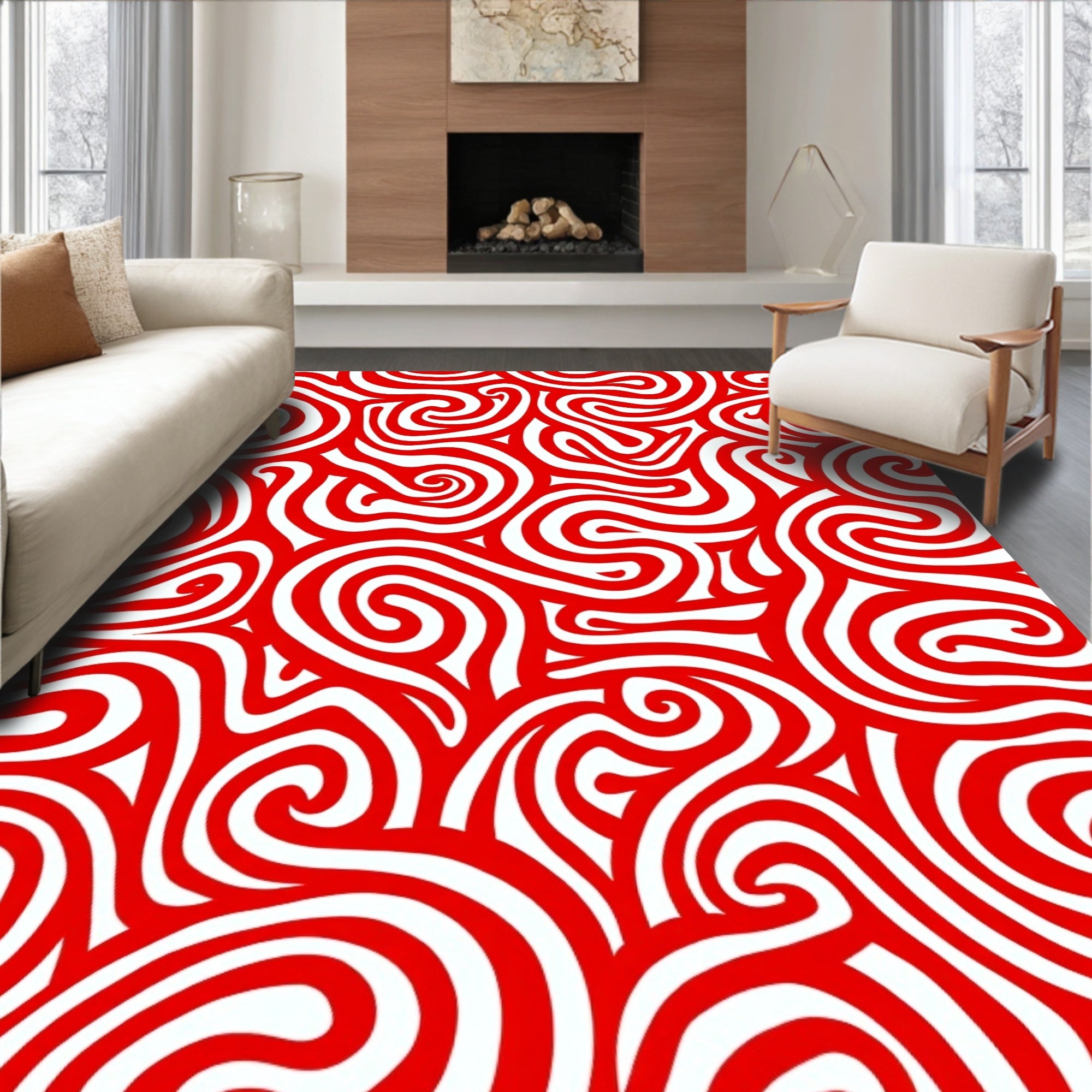 Vibrant Red Swirl Stripe Rug