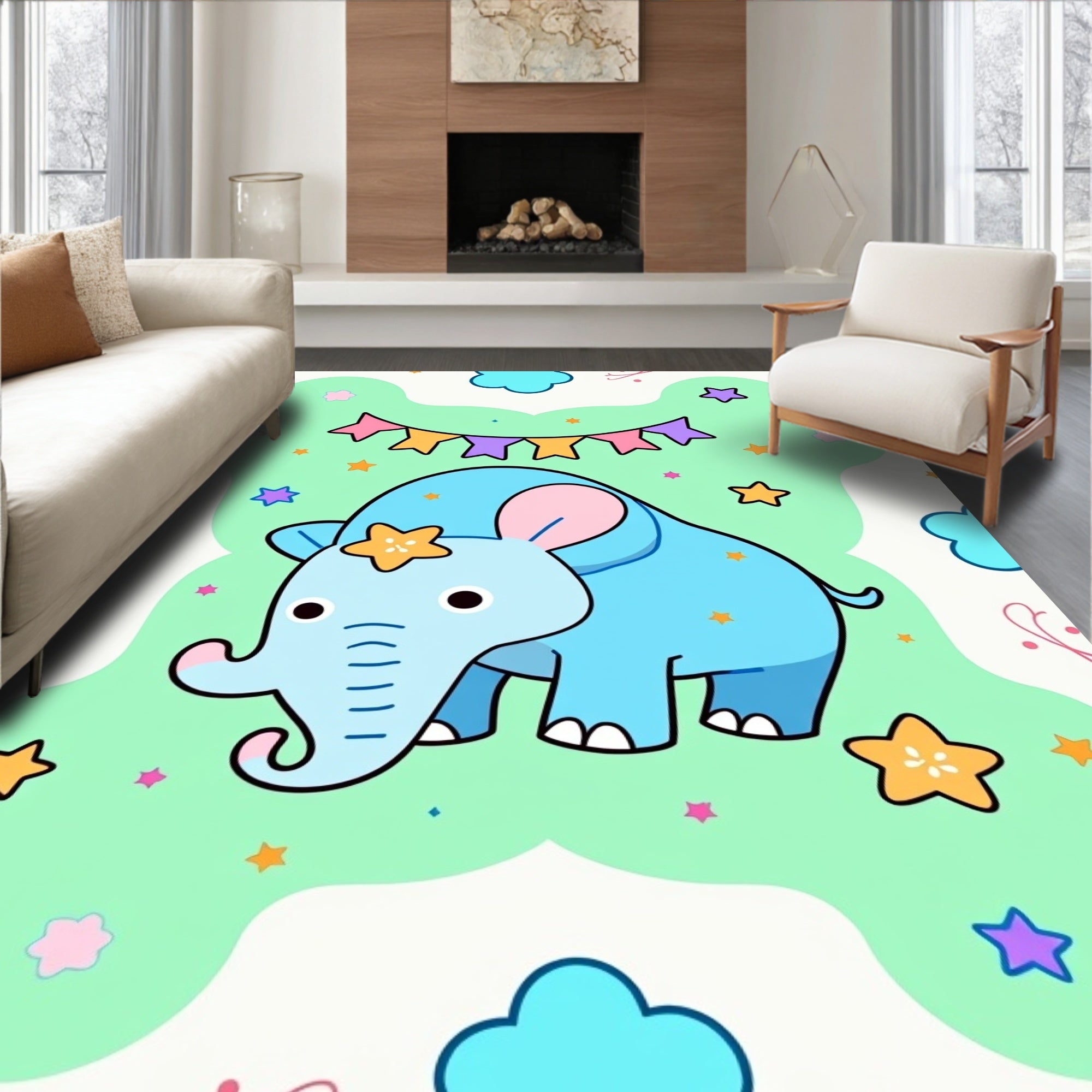 Cute Blue Elephant Stars Garland Rug