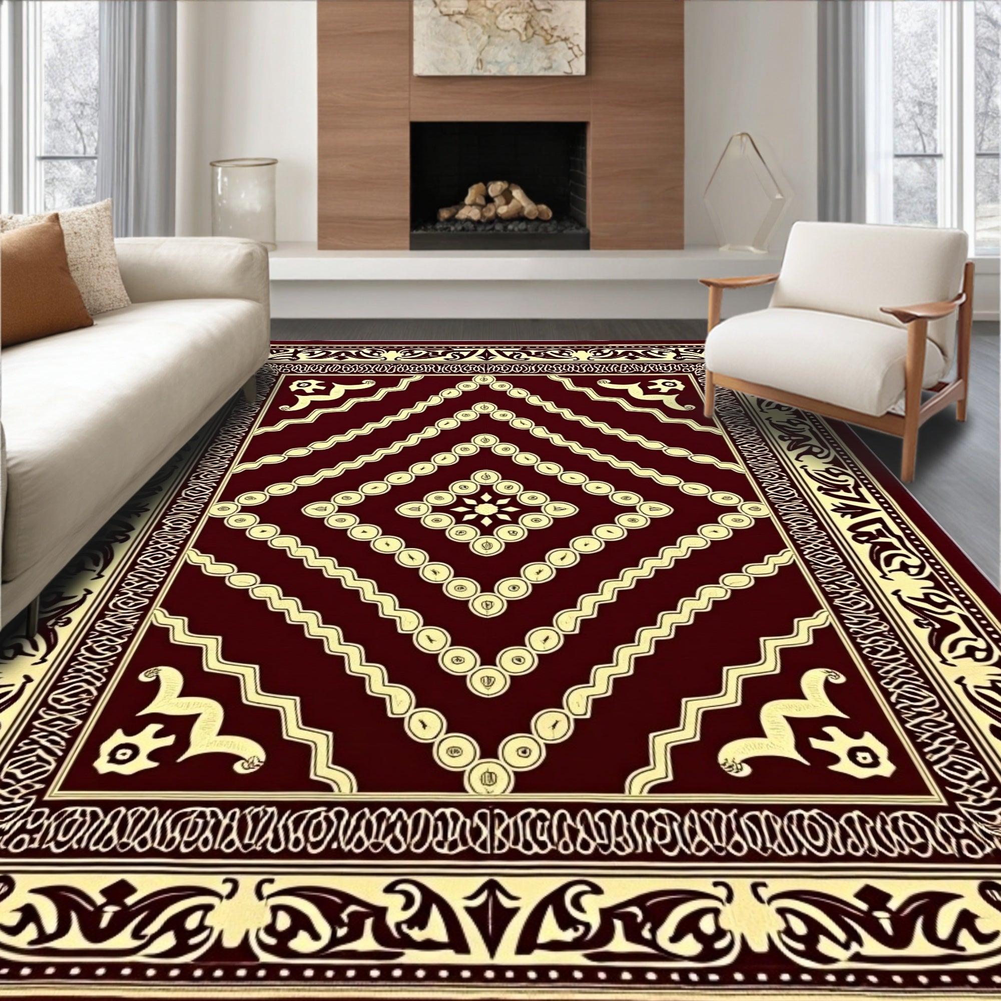 Deep Red And Cream Medallion Border Rug