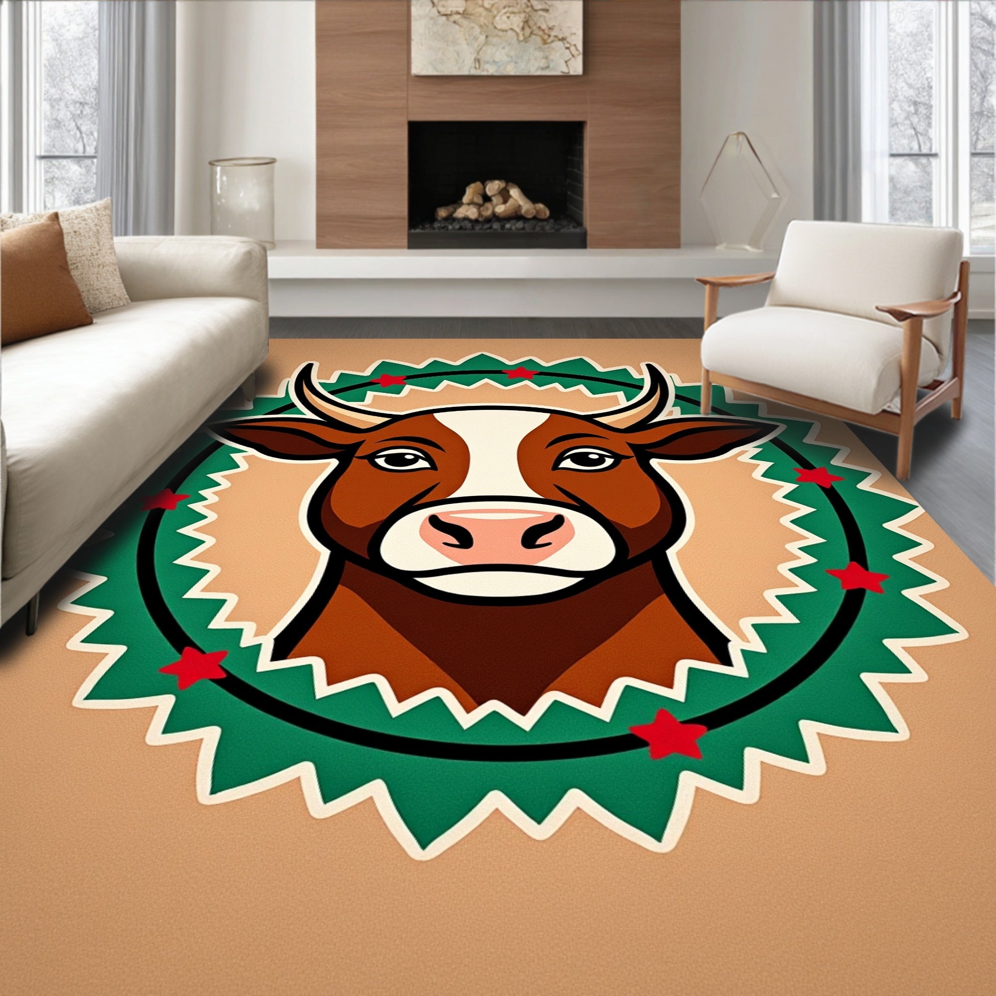 Farmhouse Cow Red Star Wreath Rug