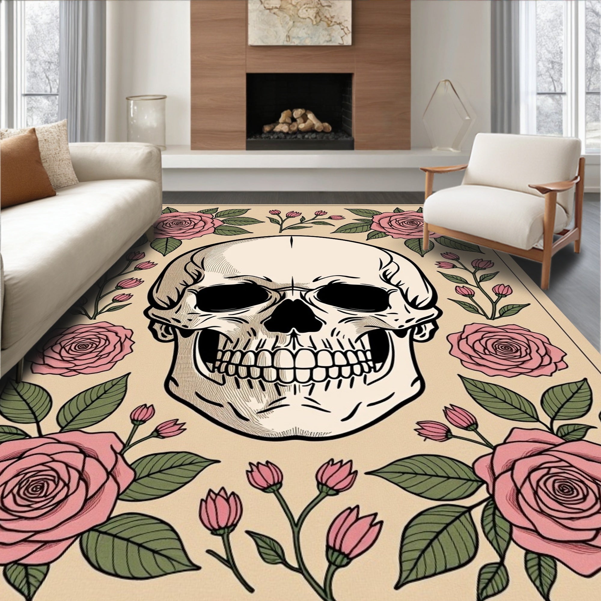 Pink Rose Skull Portrait Rug