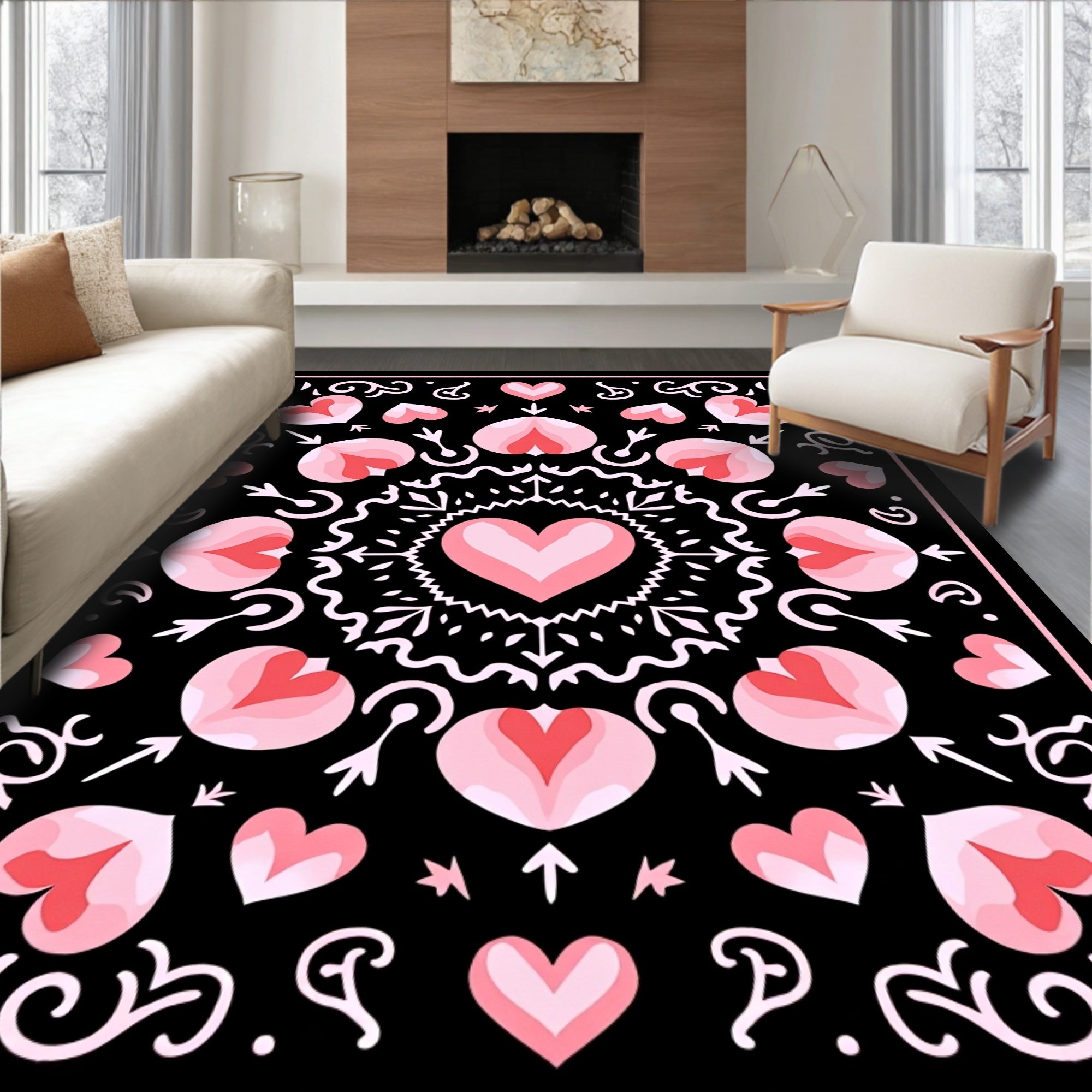 Pink Hearts Folk Art Medallion Rug