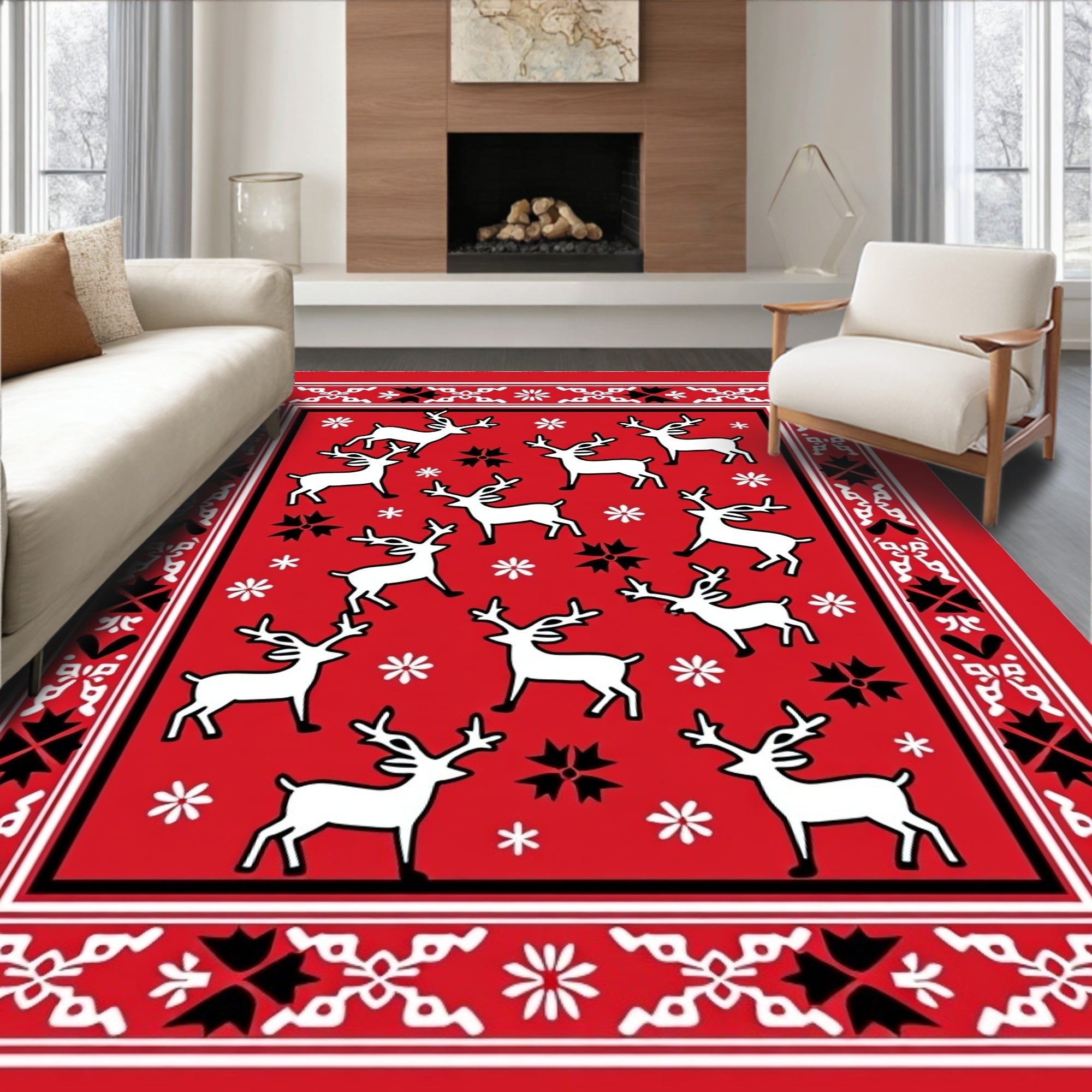Red White Reindeer Winter Holiday Rug