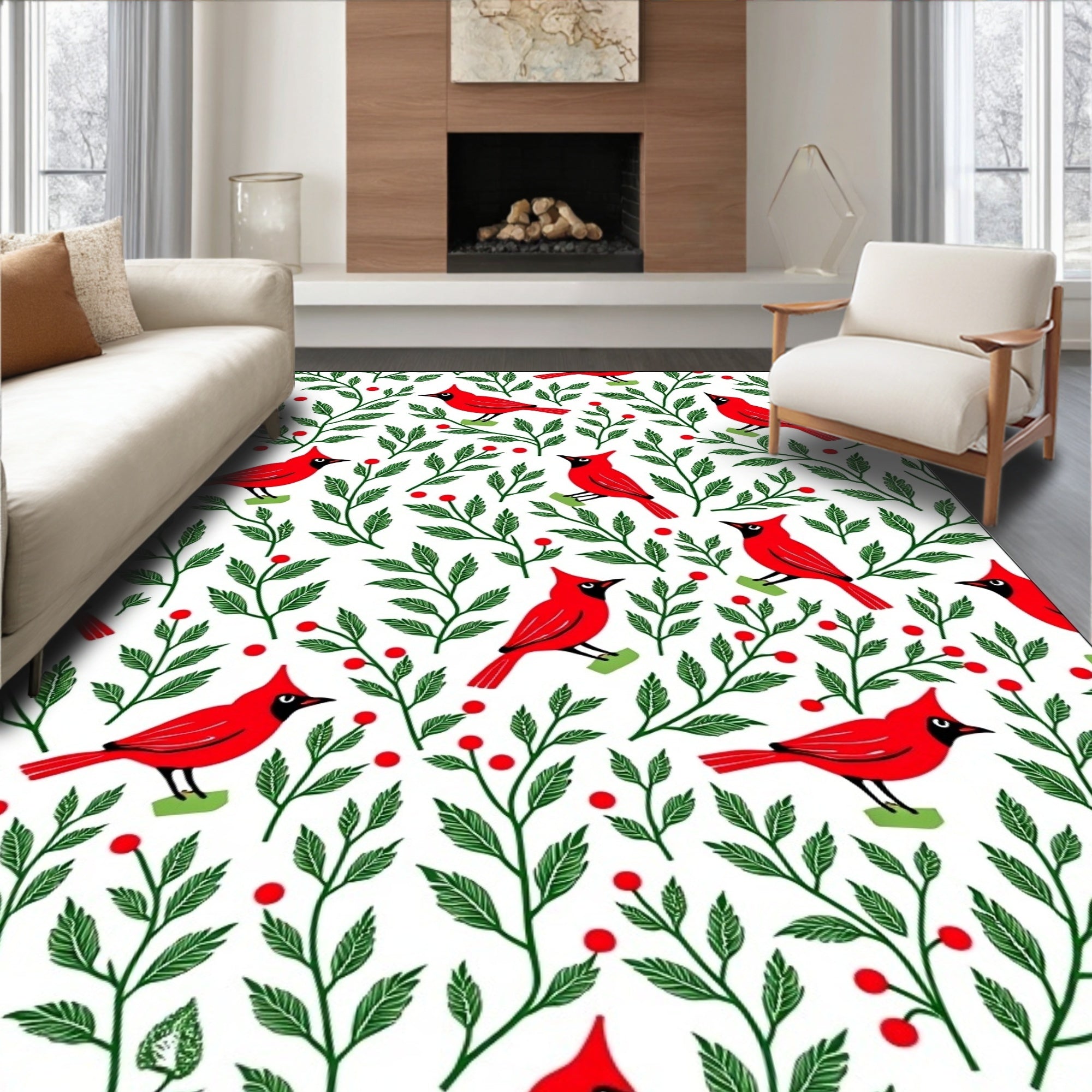 Red Cardinal Green Branch Berry Rug