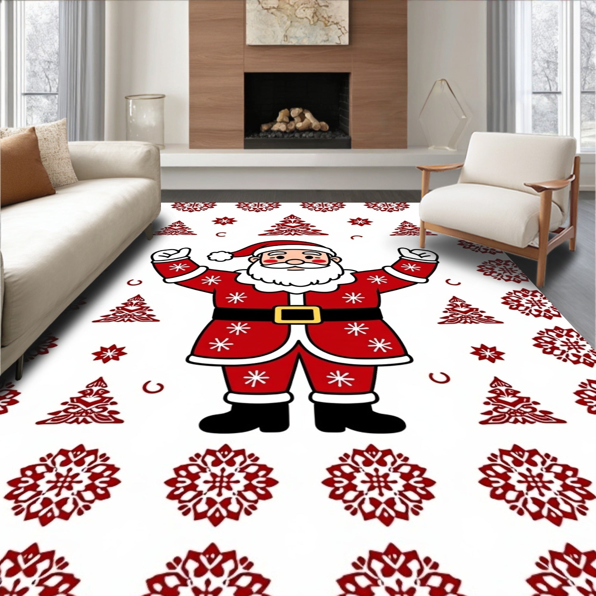 Festive Red Santa Snowflakes Trees Rug