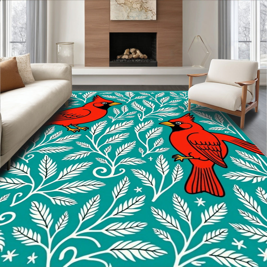 Red Cardinal Teal Floral Art Rug