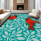 Red Cardinal Teal Floral Art Rug