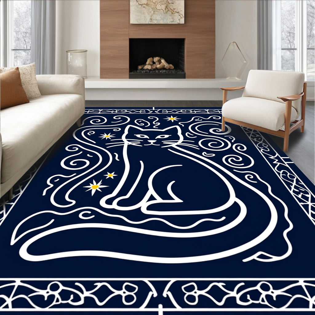 Whimsical Night Sky Cat Swirls Rug
