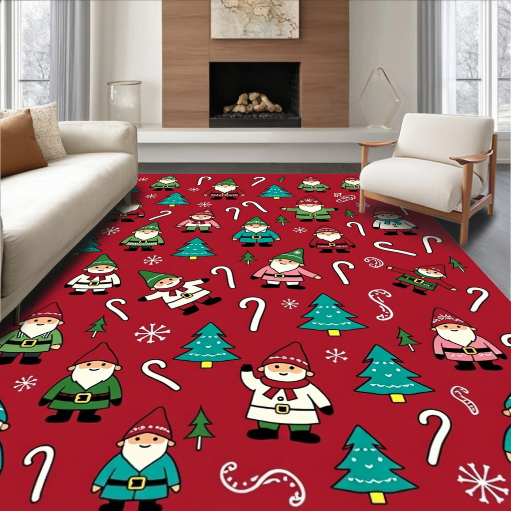 Festive Gnome Christmas Candy Cane Trees Rug