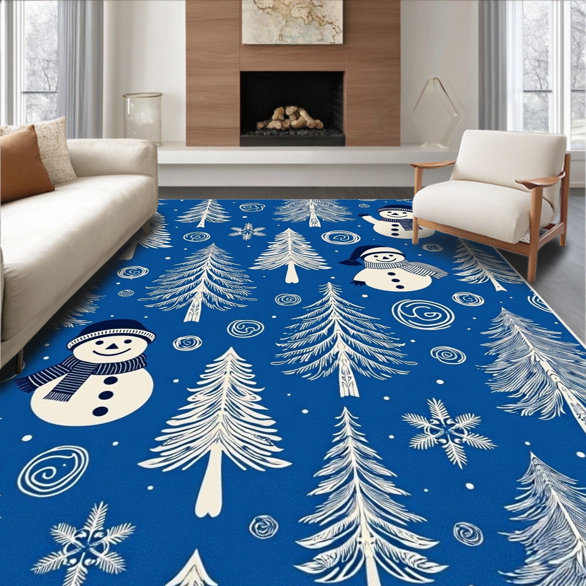 Festive Snowy Trees and Snowmen Rug