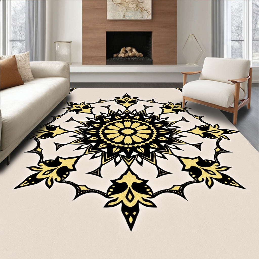 Golden Black Radial Starburst Medallion Rug