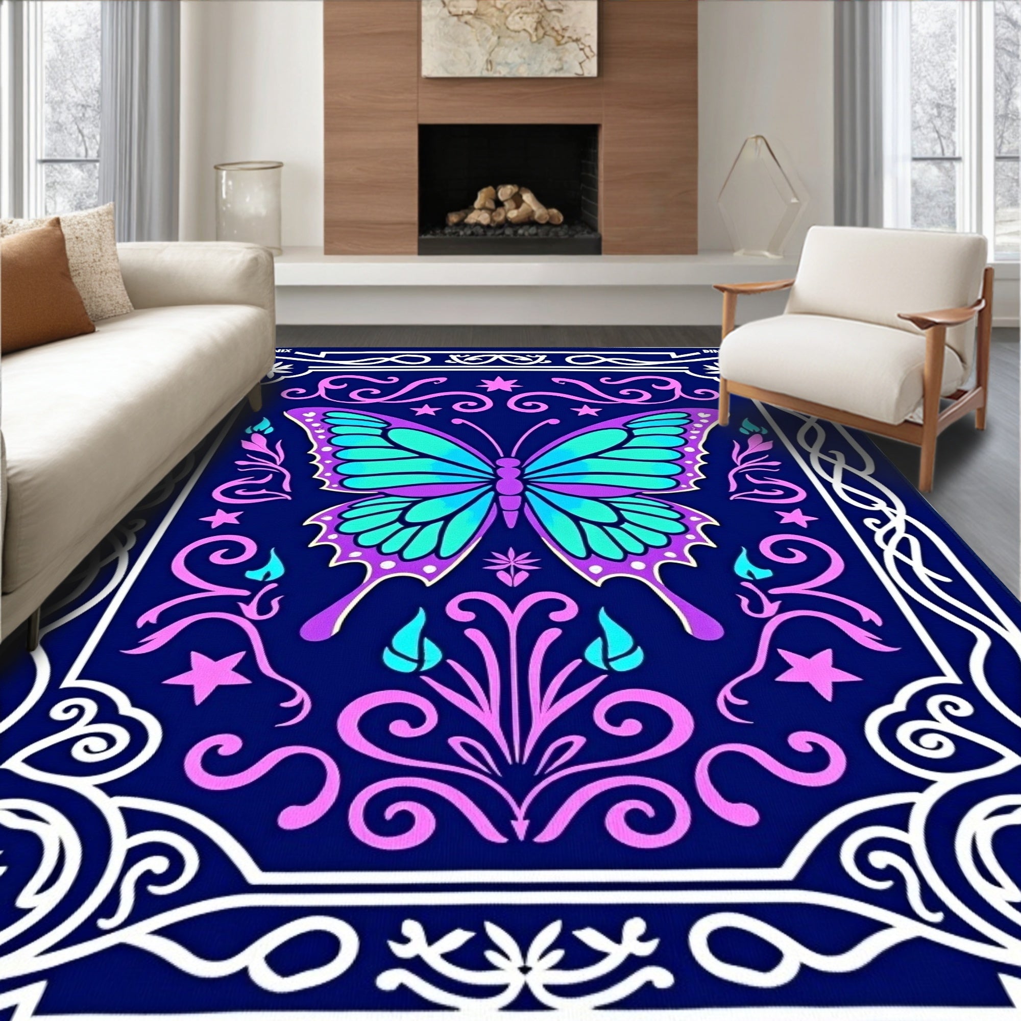 Vibrant Blue Butterfly Floral Garden Rug