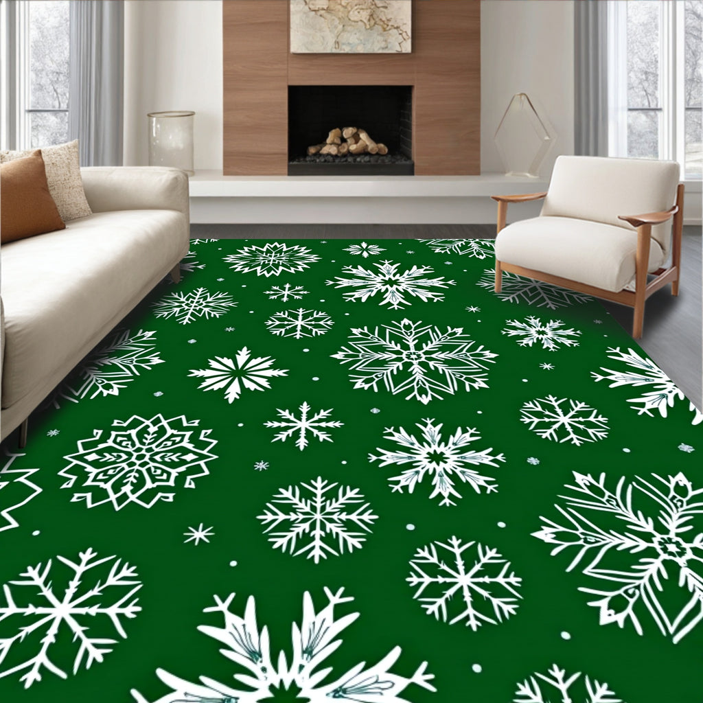 White Snowflake Forest Green Field Rug