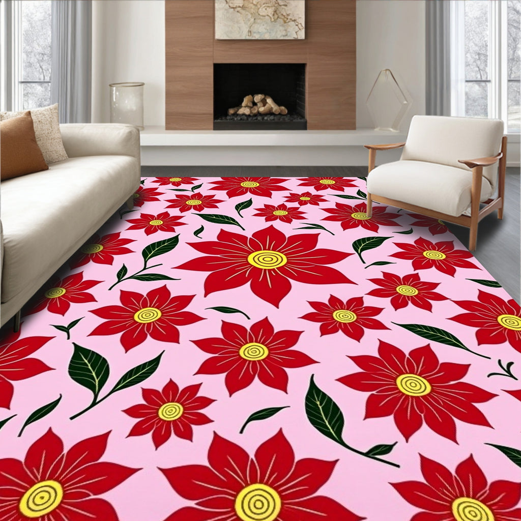 Red Floral Garden with Yellow Centers Rug