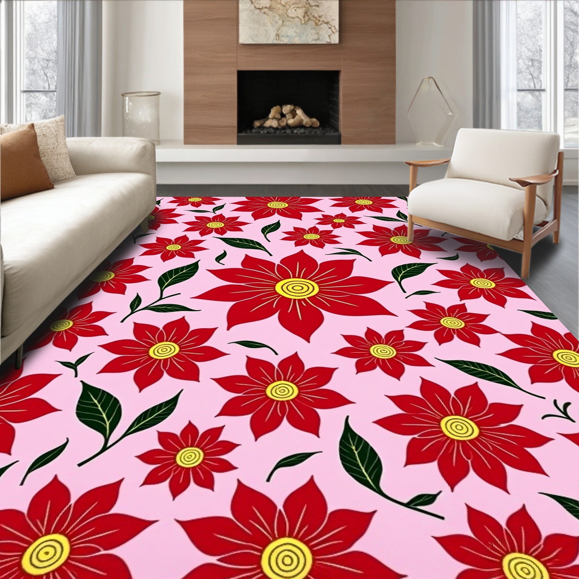 Red Floral Garden with Yellow Centers Rug