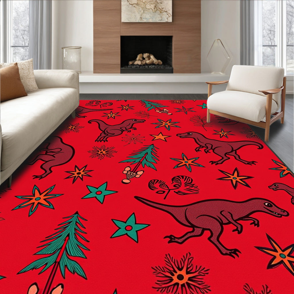 Crimson Dinosaur Christmas Tree Stars Rug
