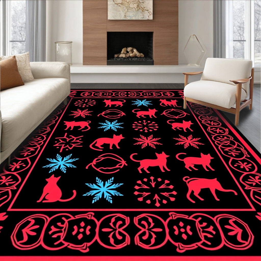 Red and Blue Cat Snowflake Border Rug