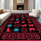 Red and Blue Cat Snowflake Border Rug