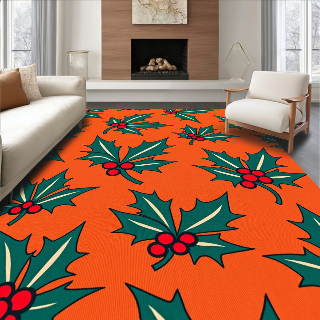 Festive Holly Berry Orange Red Rug