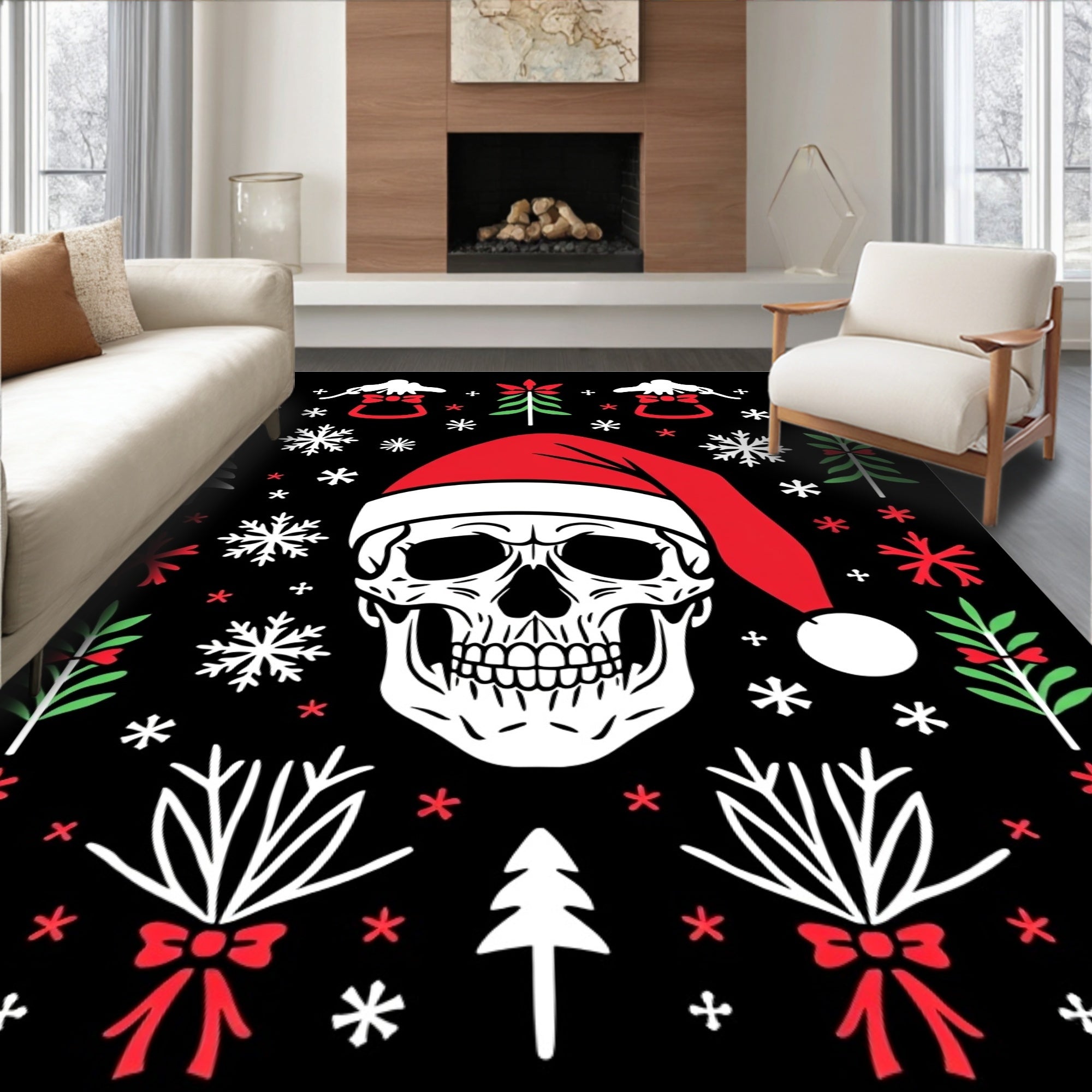 Dark Christmas Skull Tree Snowflakes Rug