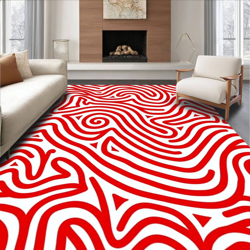 Crimson Wavy Lines Abstract Rug