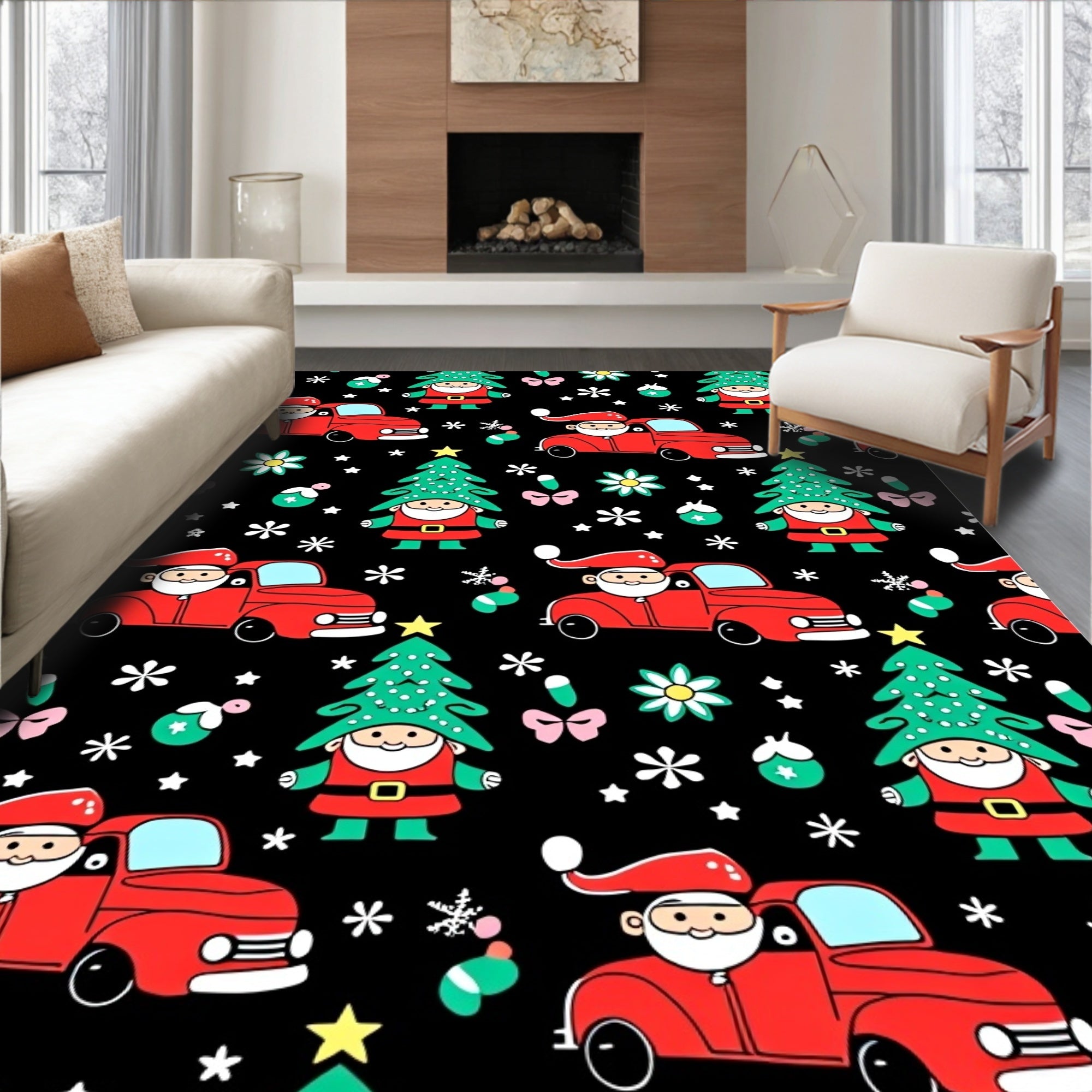 Jolly Santa Red Truck Christmas Tree Rug