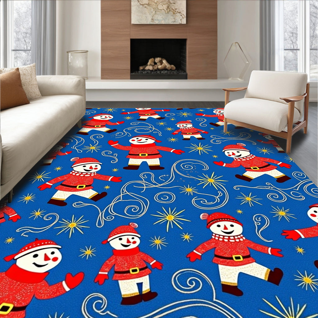 Happy Snowman Red Blue Starburst Rug
