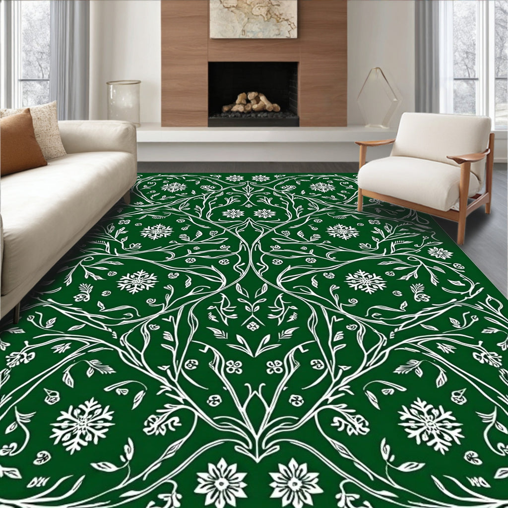 Emerald Green Floral Snowflake Vines Rug