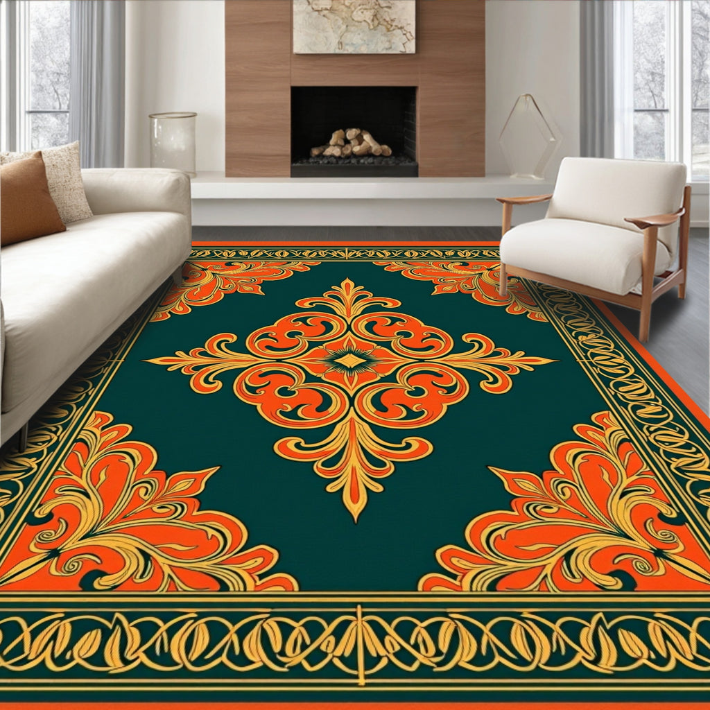Deep Teal Orange Flourish Medallion Rug