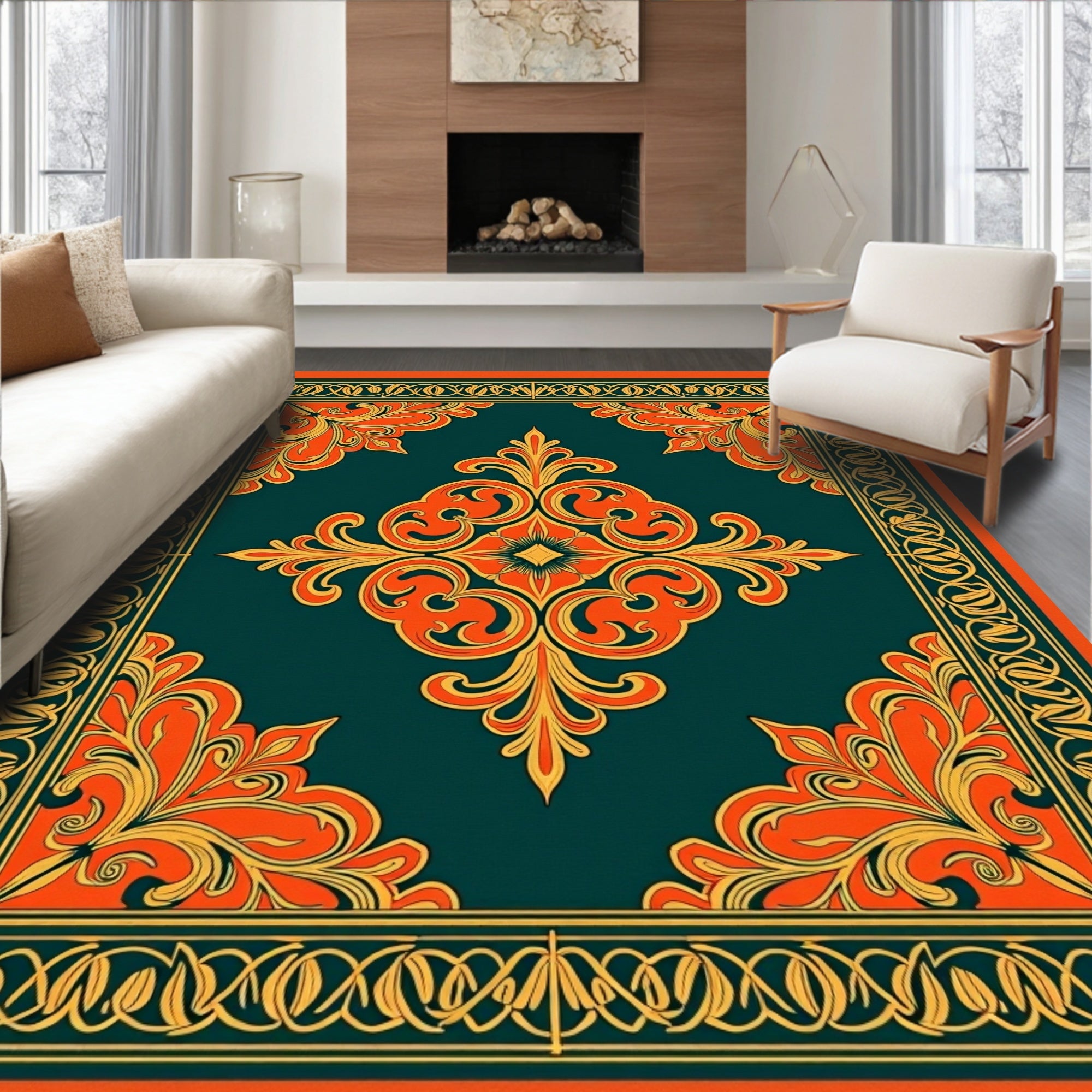 Deep Teal Orange Flourish Medallion Rug
