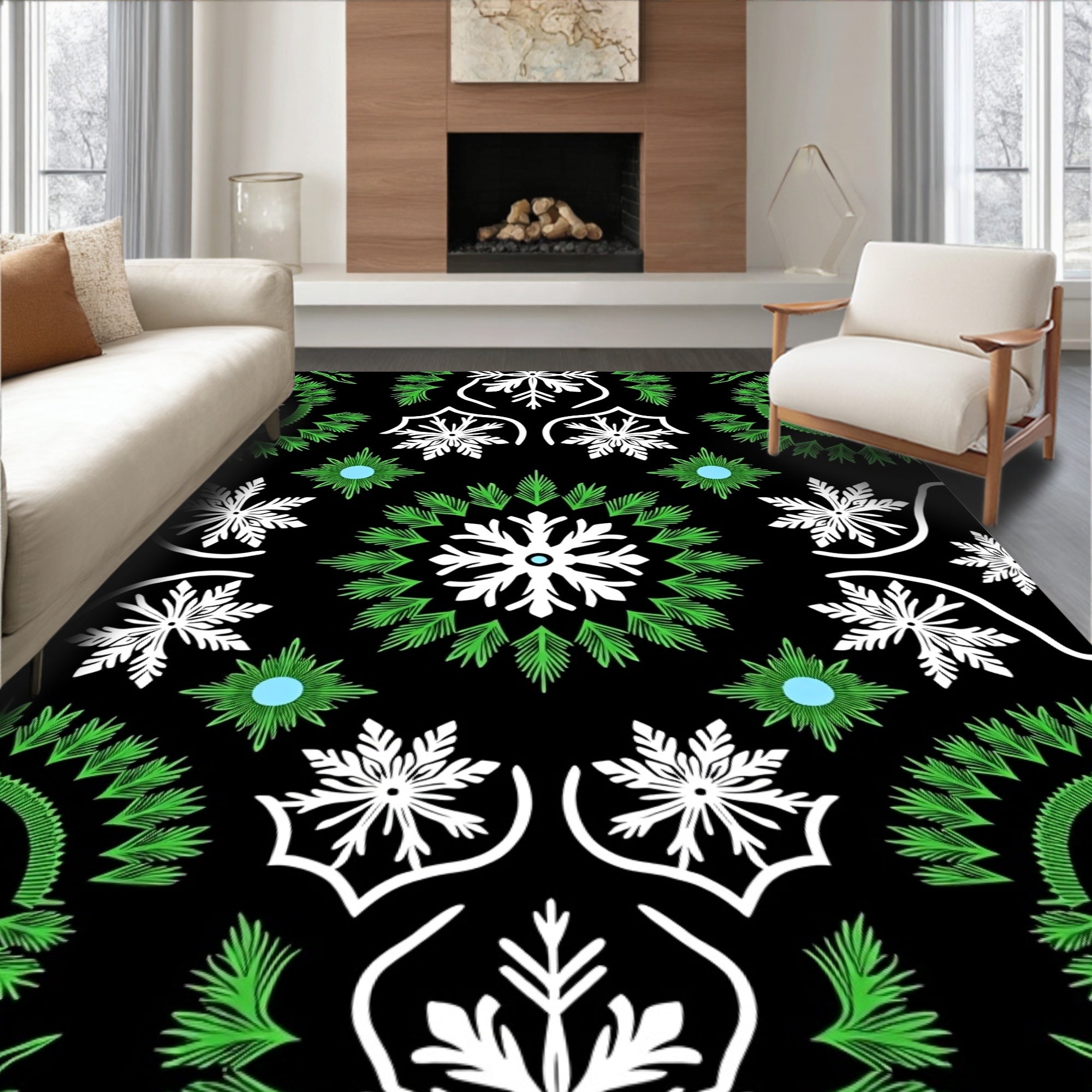 Black Green White Snowflake Medallion Rug