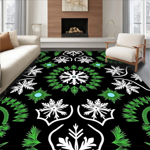 Black Green White Snowflake Medallion Rug