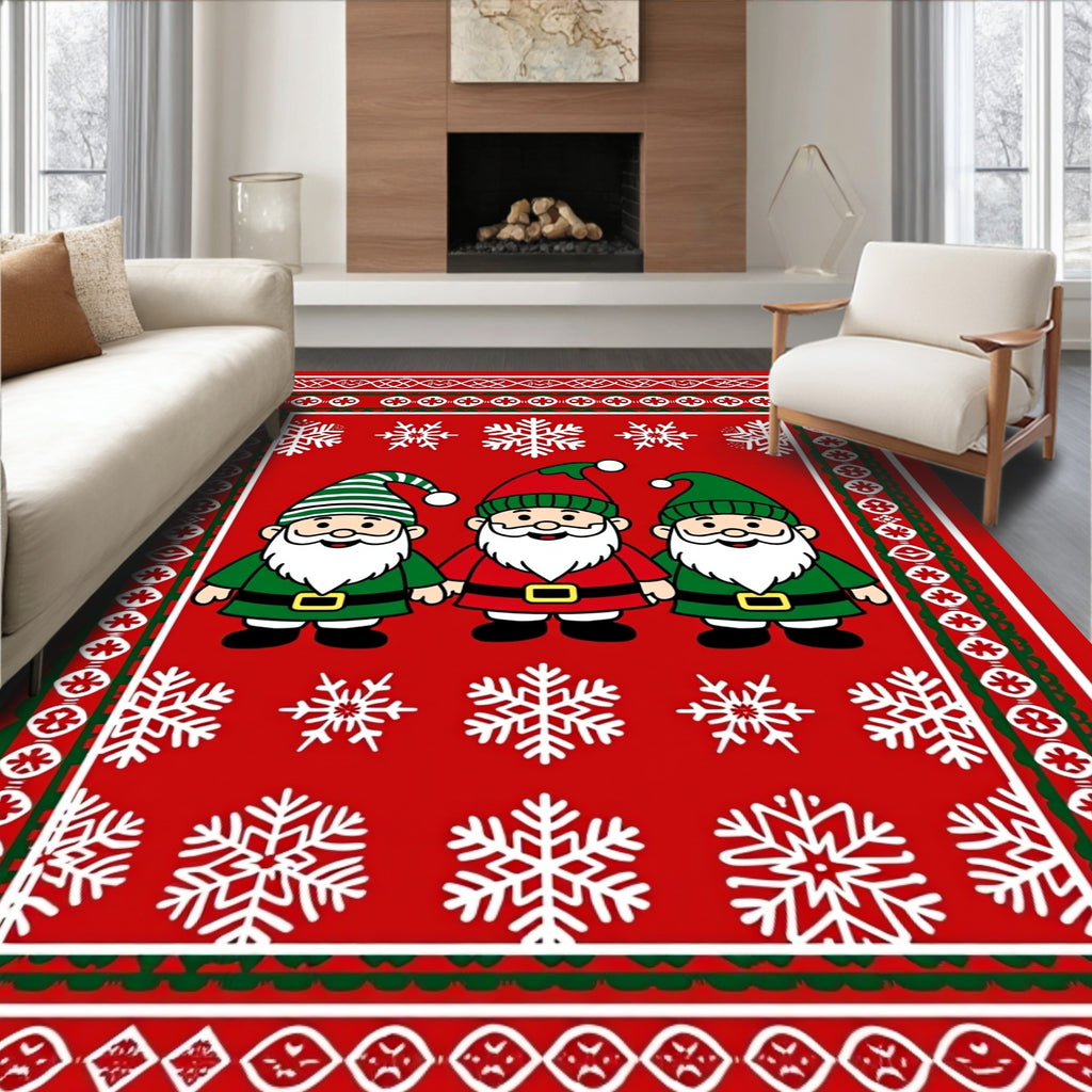 Festive Red Gnomes Snowflake Border Rug